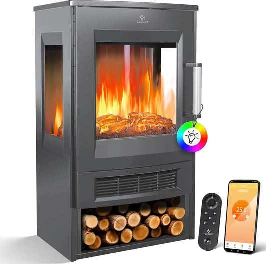 Ventilatore 900/1800W, 1800 W, Wi-Fi, 9 Effetti Fiamma LED, KESSER® Caminetto Elettrico con Riscaldamento, App WiFi
